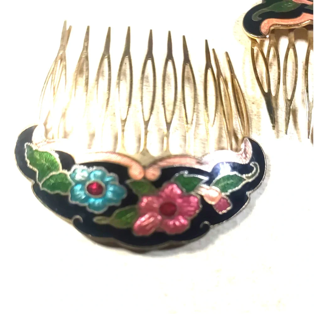 Set Of 2 Hair combs Enameled Black Pink Red Green Gold Tone Classic Design